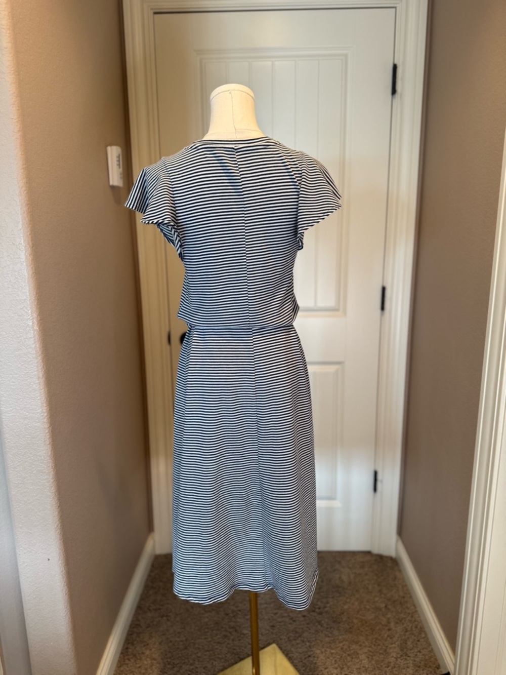 GAP Flutter Sleeve Midi Dress in a navy blue and white stripe - Picture 5 of 6